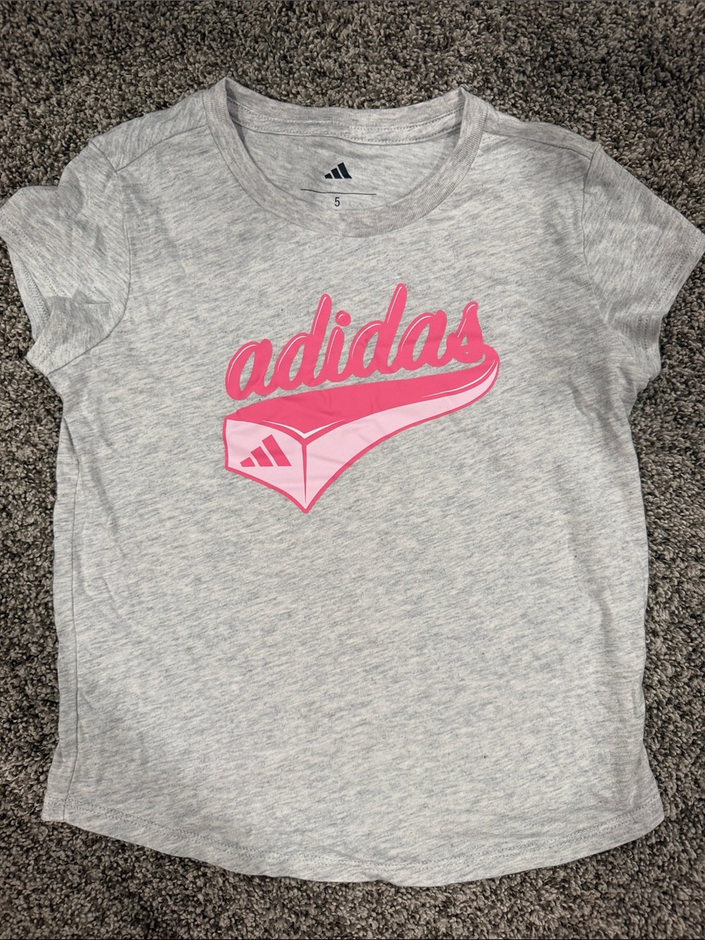 adidas Girls' Light Gray Tee with Pink Script Logo